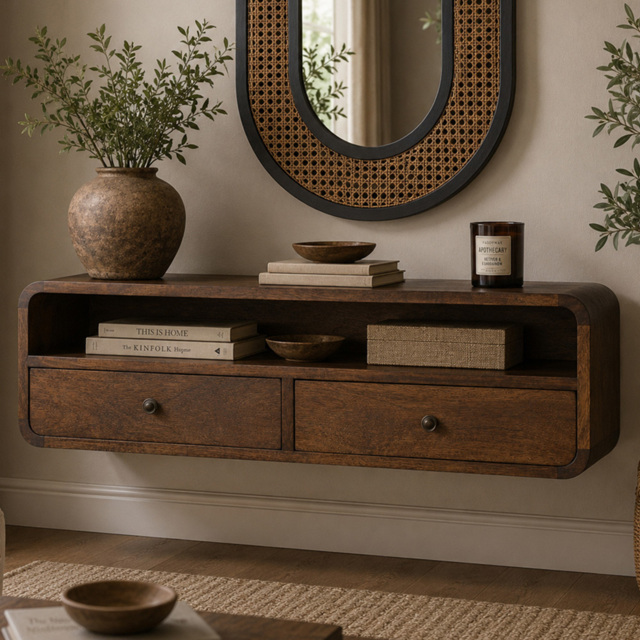 Artisan Furniture Chestnut 2 Drawer Single Shelf Solid Wood Floating Open Console Table - image 1