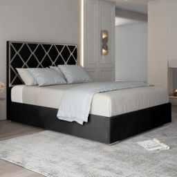 Tammy Single Black Soft Velvet Upholstered Metal Bed Frame with Panelled Headboard