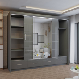 M N Furniture Seliyaa 3 Door 4 Drawer Grey High Gloss Sliding Door Wardrobe 255cm - thumbnail 3