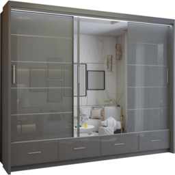 M N Furniture Seliyaa 3 Door 4 Drawer Grey High Gloss Sliding Door Wardrobe 255cm - thumbnail 2