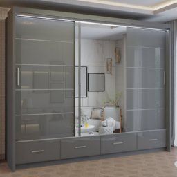 M N Furniture Seliyaa 3 Door 4 Drawer Grey High Gloss Sliding Door Wardrobe 255cm