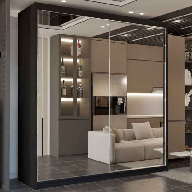 M N Furniture 2 Door Black Mirrored Sliding Wardrobe 150cm - image 1