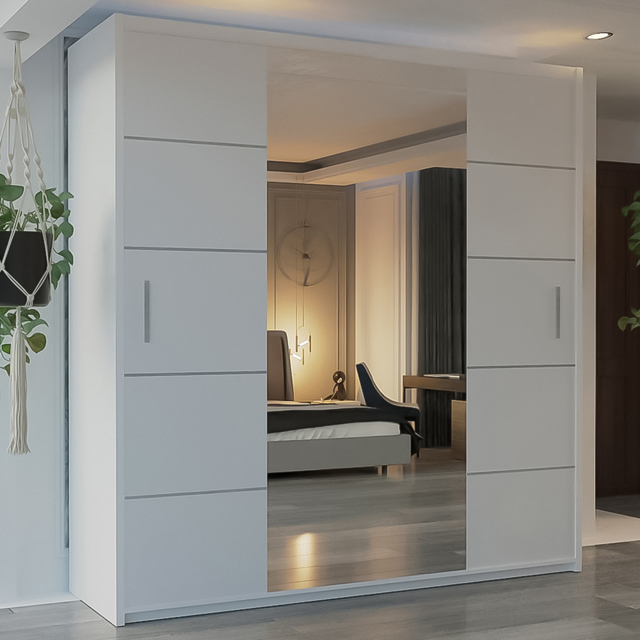 M N Furniture Osaka 2 Door White Mirrored Panel Sliding Wardrobe 203cm - image 1