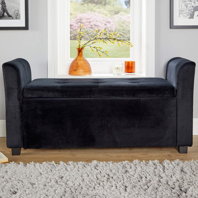 Home Source Verona Sleigh Style Velvet Black 2 Seater Storage Bench - image 1