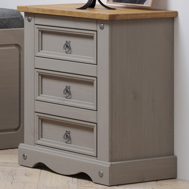 Corona 3 Drawer Grey Washed Wax Bedside Table - image 1