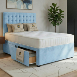 DS Living Casia Sky Blue Single Plush Velvet Divan Bed with 2 Drawer