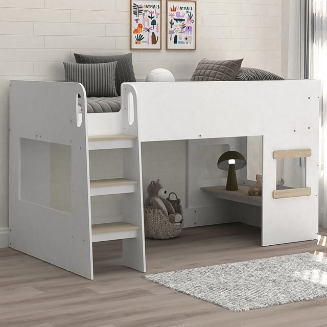 Kidsaw White and Oak Mid Sleeper Cabin Bed with Under Desk - image 1