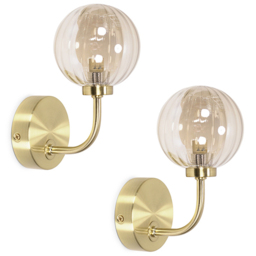 ValueLights Chessy 2 Pack Ribbed Globe Shade Gold Stem LED Wall Light