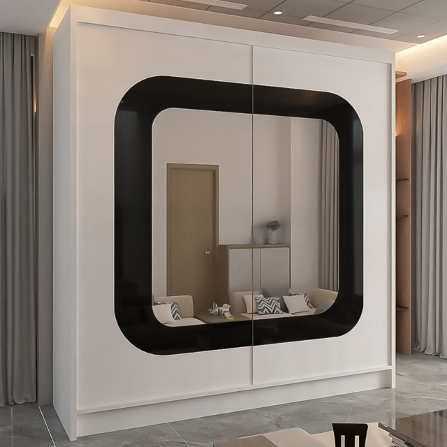 M N Furniture Cheen 2 Door White and Black Strip Mirrored Sliding Wardrobe 150cm - image 1