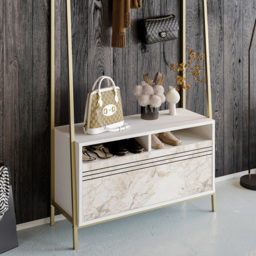 Decorotika Devin White Marble Effect Single Door 2 Shelf Shoe Rack and Bench Unit with Coat Stand - thumbnail 3