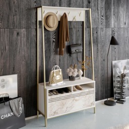 Decorotika Devin White Marble Effect Single Door 2 Shelf Shoe Rack and Bench Unit with Coat Stand - thumbnail 2