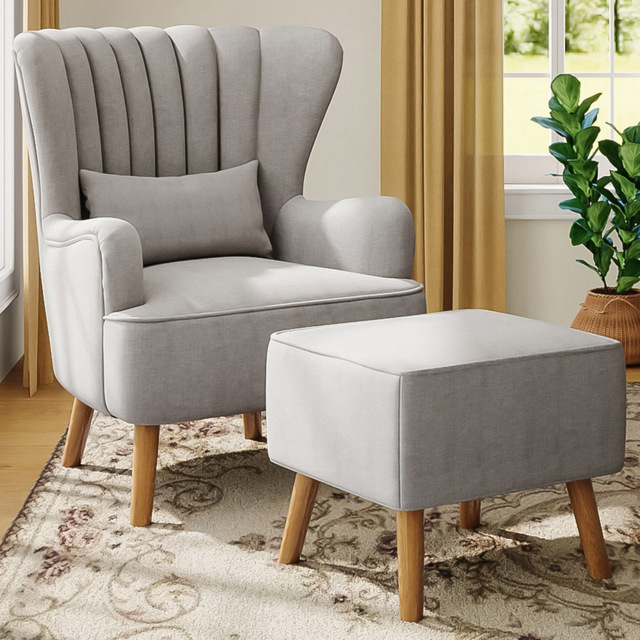 Living and Home Wingback Grey Armchair with Footstool - image 1