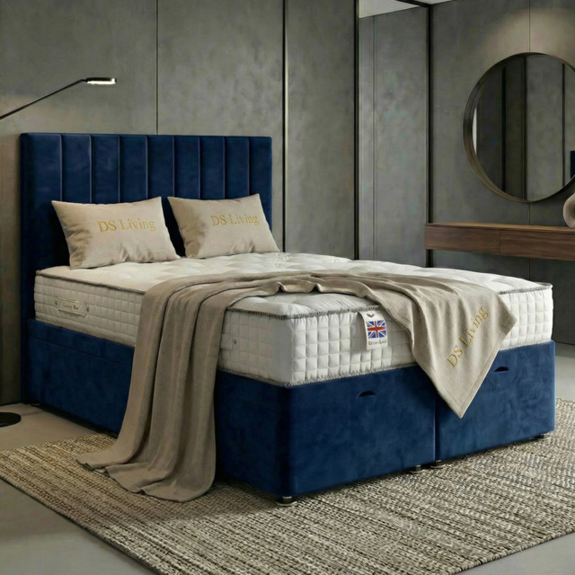 DS Living Aether Dark Blue Double Plush Velvet Divan Bed - image 1