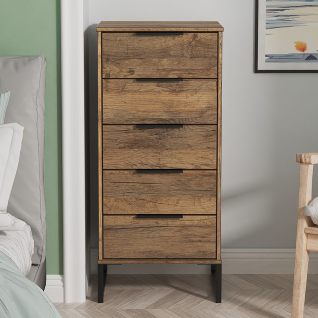 Crowndale Hong Kong 5 Drawer Vintage Oak Tall Bedside Cabinet Ready Assembled - image 1