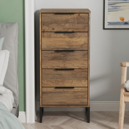 Crowndale Hong Kong 5 Drawer Vintage Oak Tall Bedside Cabinet Ready Assembled - thumbnail 1