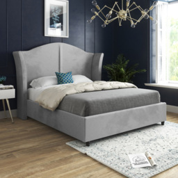 Zampa Small Double Grey Soft Velvet Upholstered Bed Frame with Curved Winged Headboard - thumbnail 1