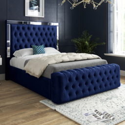 Marino Blue Double Velvet Upholstered Bed Frame with Mirrored Headboard