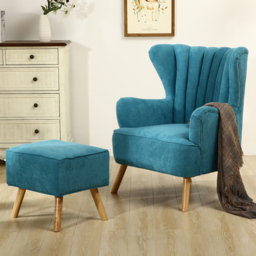Living and Home Faux Wool Upholstered Blue Armchair with Footstool
