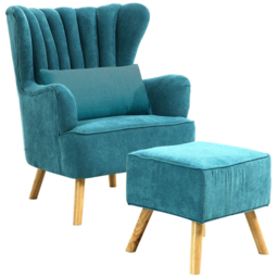 Living and Home Faux Wool Upholstered Blue Armchair with Footstool - thumbnail 2