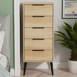Crowndale Hong Kong 5 Drawer Nebraska Oak Tall Bedside Cabinet Ready Assembled - thumbnail 1