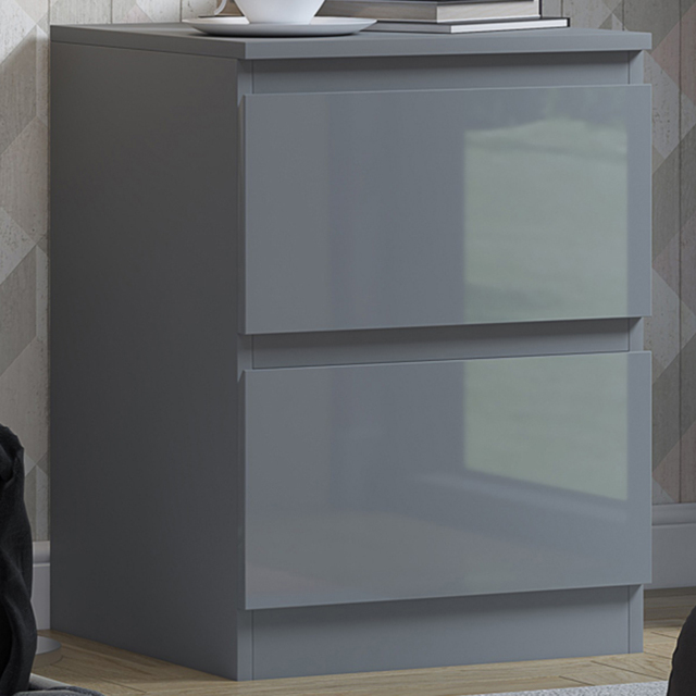 FWStyle Stora 2 Drawer Grey Gloss Bedside Table - image 1