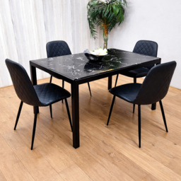 Kosy Koala 4 Seater Glass and Faux Leather Diamond Stitch Dining Set Black and Marble Effect