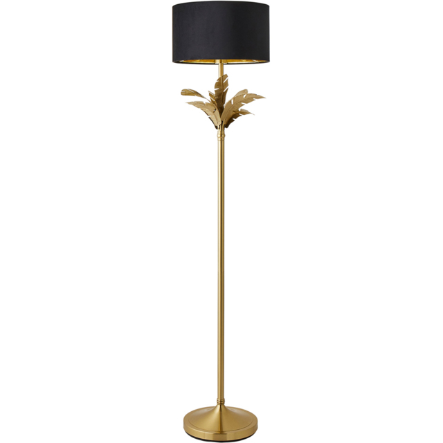 ValueLights Christina Gold Inner Black Velvet Drum Shade Gold Palm Leaf LED Floor Lamp - image 1