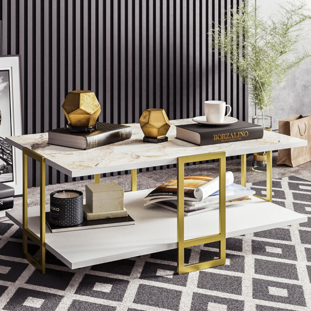 Decorotika Polka 2 Tier White Marble and Gold Coffee Table - image 1