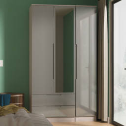 Crowndale Milan Grey Gloss and Grey Oak 2 Drawer Tall Triple Wardrobe with Mirror Ready Assembled