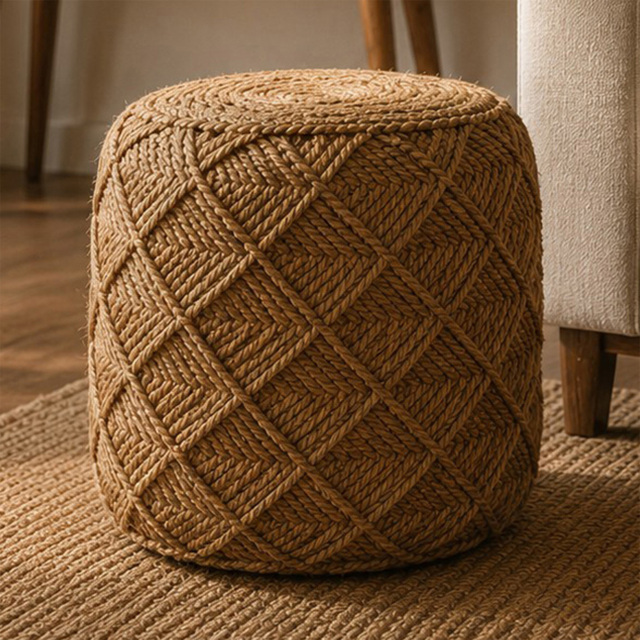 Artisan Furniture Jute Fiber Large Pattern Solid Wood Footstool - image 1