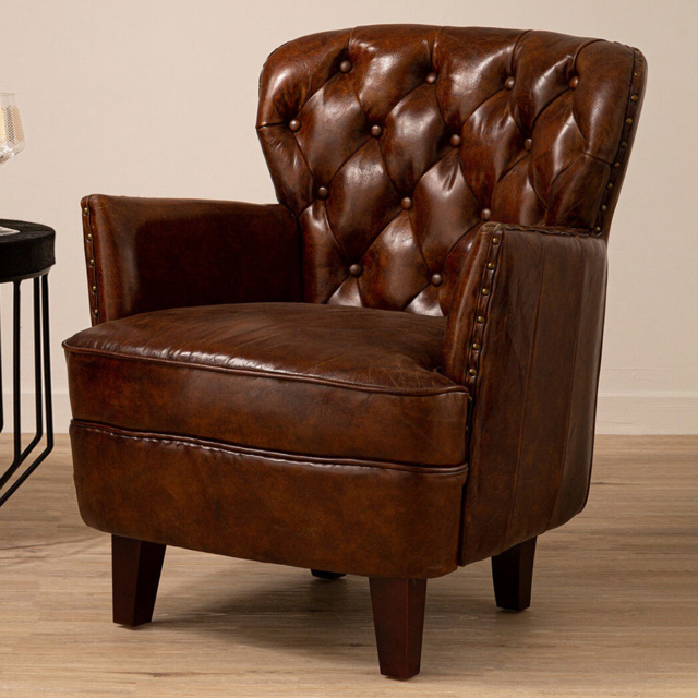 Premier Housewares Victor Brown Leather Button Tufted Back Armchair