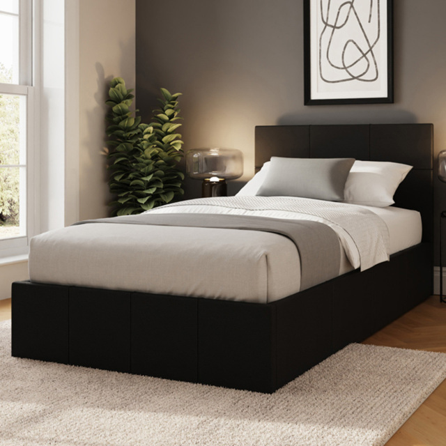 GFW Single Black Faux Leather Side Lift Ottoman Bed with Bonnell Mattress - image 1