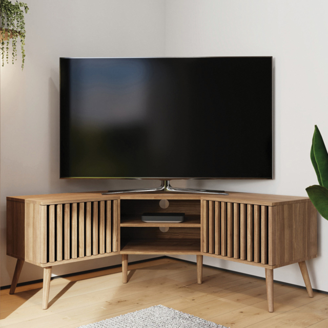 GFW Rowan Oak 2 Door 2 Shelf Slatted Corner TV Unit - image 1