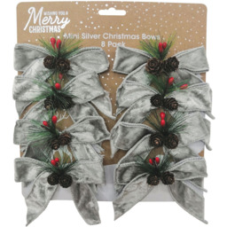Crafty Club Silver Mini Christmas Bows with Decoration 8 Pack