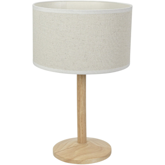 ValueLights Triston Linen White Edge Drum Shade Natural Light Wood Stem LED Table Lamp - image 1