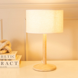 ValueLights Triston Linen White Edge Drum Shade Natural Light Wood Stem LED Table Lamp - thumbnail 2