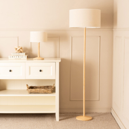 ValueLights Triston Linen White Edge Drum Shade Natural Light Wood Stem LED Table Lamp - thumbnail 4