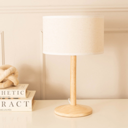 ValueLights Triston Linen White Edge Drum Shade Natural Light Wood Stem LED Table Lamp - thumbnail 3