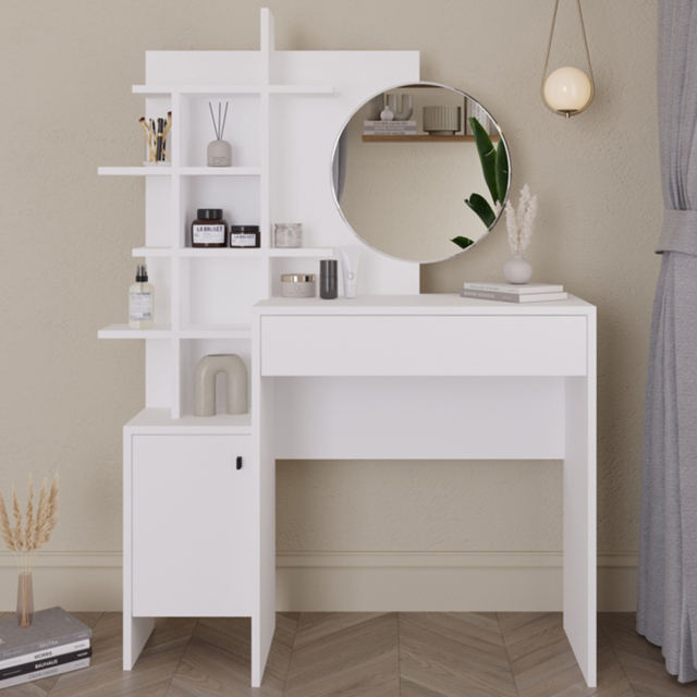 GFW Freyja Single Door Single Drawer White Dressing Table with Mirror - image 1