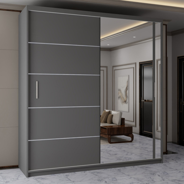 Sliding Wardrobes 4U Vision Grey 2 Door Mirror Wardrobe with Adjustable Shelves and Hanging Rails - image 1