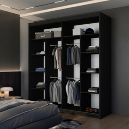 M N Furniture Laiyal 2 Door Black Mirrored Sliding Wardrobe with Oak Strip 203cm - thumbnail 4