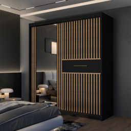 M N Furniture Laiyal 2 Door Black Mirrored Sliding Wardrobe with Oak Strip 203cm - thumbnail 3