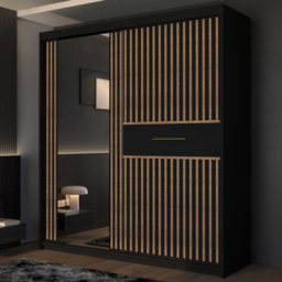 M N Furniture Laiyal 2 Door Black Mirrored Sliding Wardrobe with Oak Strip 203cm