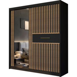 M N Furniture Laiyal 2 Door Black Mirrored Sliding Wardrobe with Oak Strip 203cm - thumbnail 2