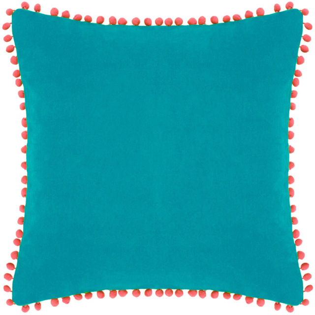 Paoletti Teal and Coral Velvet Touch Pom Pom Cushion - image 1