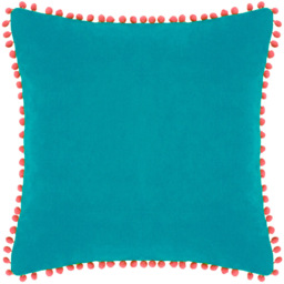 Paoletti Teal and Coral Velvet Touch Pom Pom Cushion
