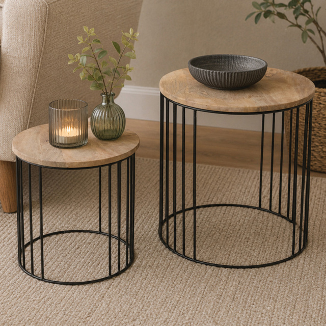 Premier Housewares Nandri Mango Wood Top Nest of Tables with Metal Cage Frame Set of 2 - image 1