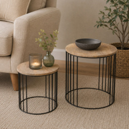 Premier Housewares Nandri Mango Wood Top Nest of Tables with Metal Cage Frame Set of 2 - thumbnail 3