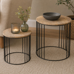 Premier Housewares Nandri Mango Wood Top Nest of Tables with Metal Cage Frame Set of 2 - thumbnail 1
