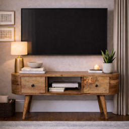Artisan Furniture Oak-ish 2 Drawer Single Shelf Solid Wood Round Mini Entertainment Unit